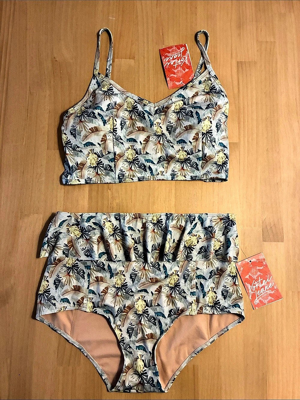Kortni Jeane Tropical Floral Two-Piece Bikini Set in Neutral Tones Large NWT
